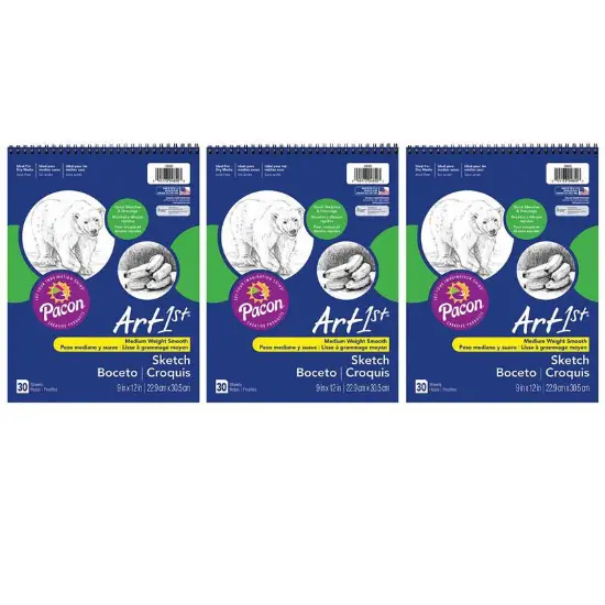 Sketch Book, Standard Weight, 9" x 12", 30 Sheets Per Book, 3 Books