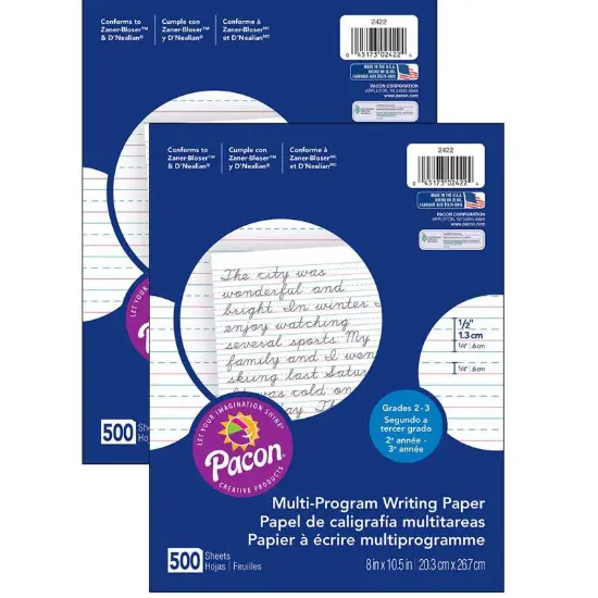 Multi-Program Handwriting Paper, 1/2" Ruled, White, 500 SheetsPer Pack, 2 Packs